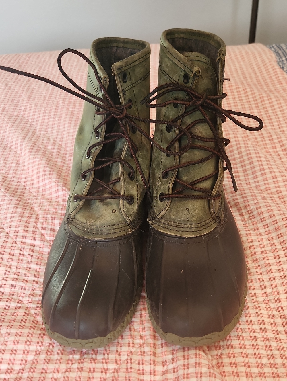 L.L. Bean Olive Green Black Brown Leather Rubber Duck Boots Lined 11M Fishing